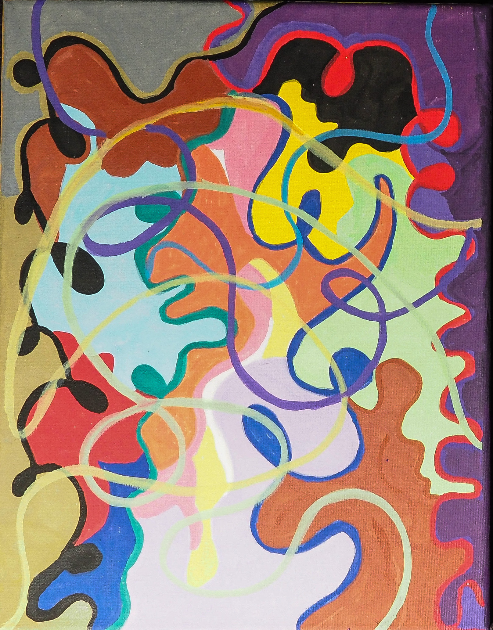  Abstract painting of overlapping colorful shapes traced by looping lines.
