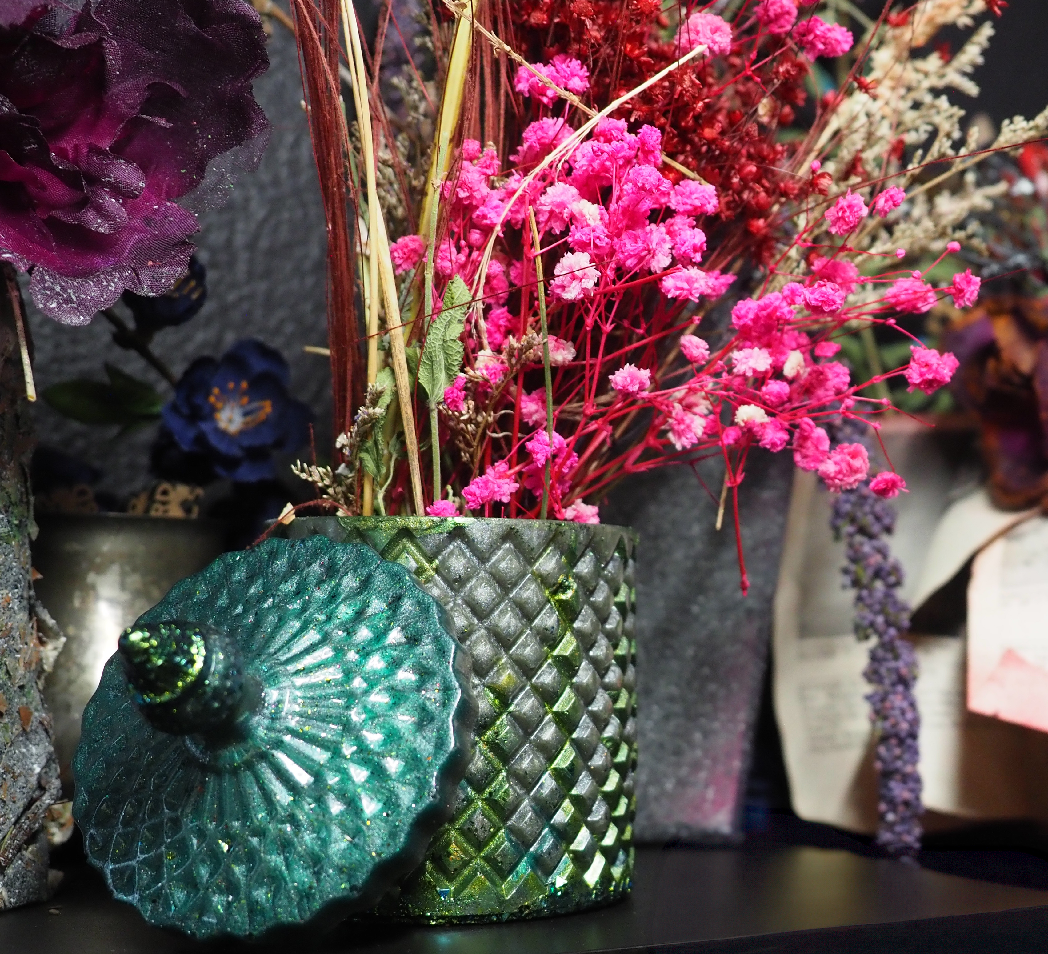 Tiny Tin green jar with florals