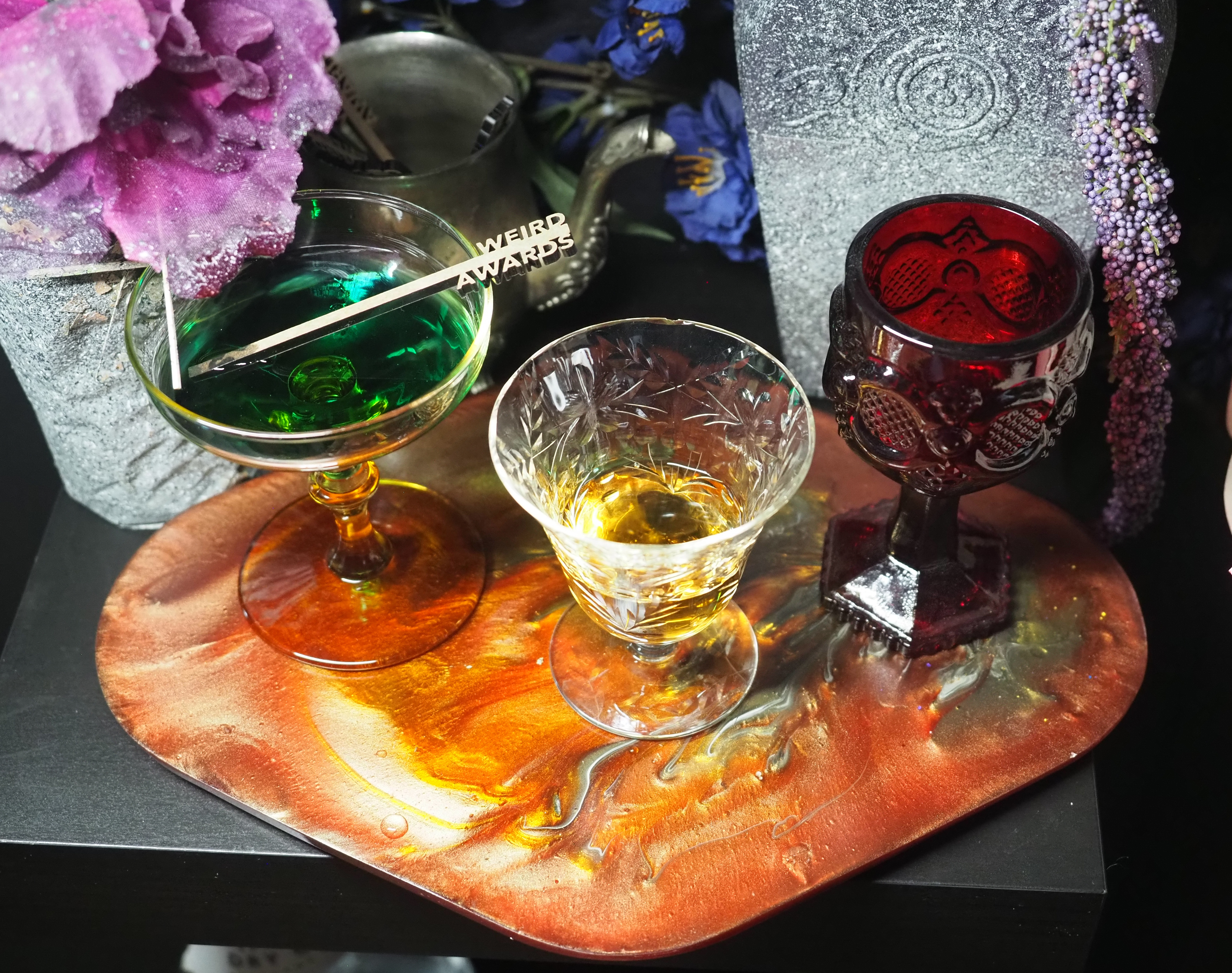 Honeydew resin tray and glassware still life