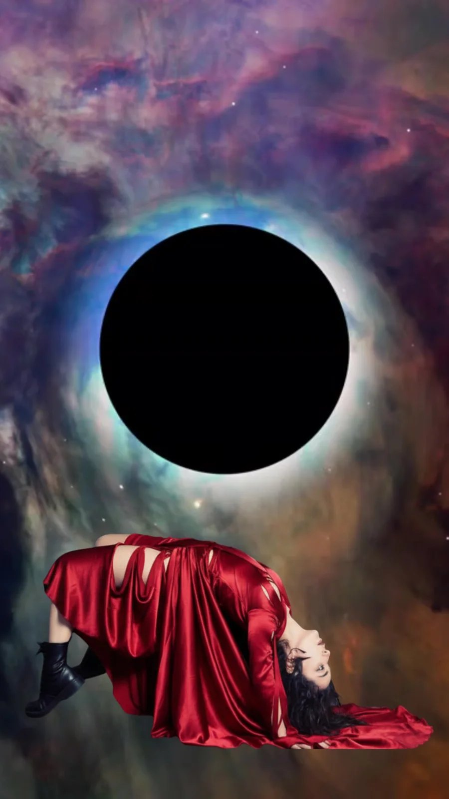 Red-clad figure beneath a cosmic eclipse
